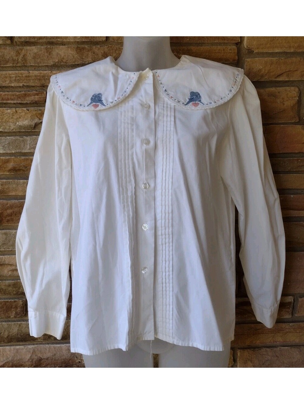 Vintage 80s Cottagecore Coquette Blouse Lovebird Embroidered Peter Pan Collar 6